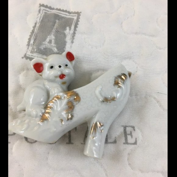 c- vintage ceramic shoe with kitten vanity decor - Picture 1 of 5